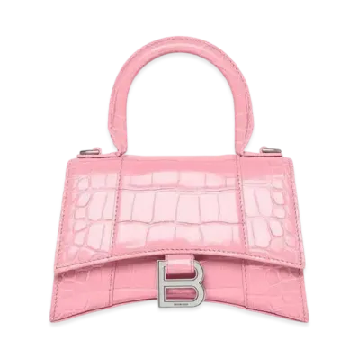 BALENCIAGA Hourglass XS Handbag In Shiny Crocodile Embossed Calfskin "Pink"