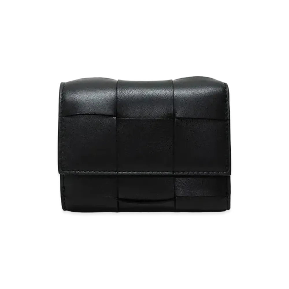 Bottega Veneta Intrecciato Lambskin Cassette Trifold Zip Wallet "Black"
