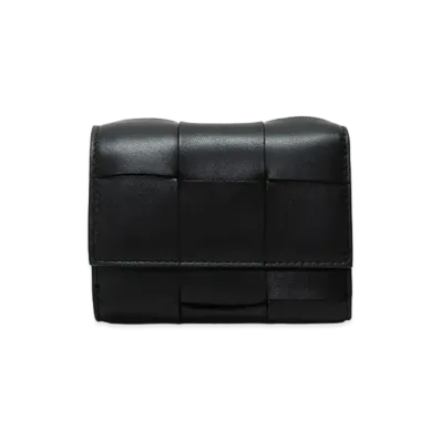 Bottega Veneta Intrecciato Lambskin Cassette Trifold Zip Wallet "Black"