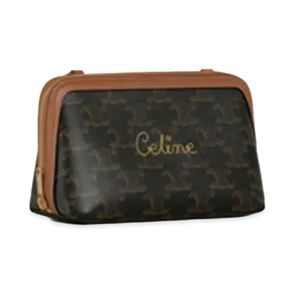 CELINE Clutch with Chain in Triomphe Canvas with Embroidered CELINE "Tan"