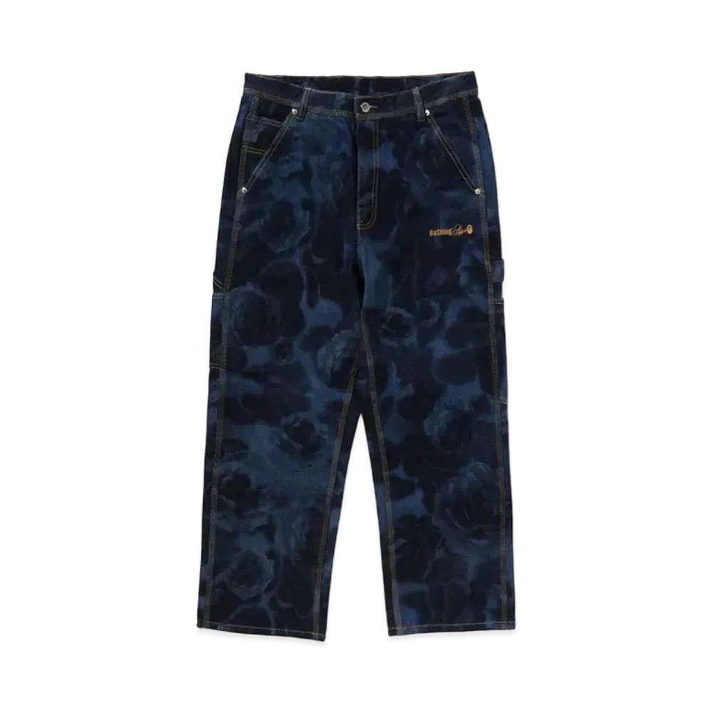 A BATHING APE Floral Camo Jacquard Relaxed Fit 13Oz Denim Work Pants "Navy"