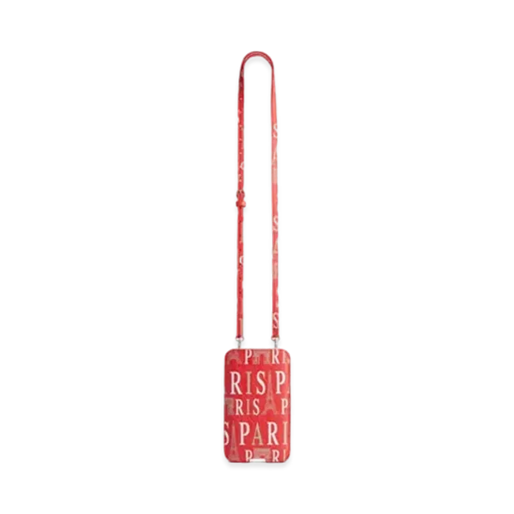 BALENCIAGA Cash Phone Pouch in Paris Allover Logo Printed Arena Lambskin "Red"