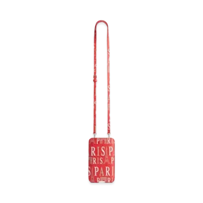 BALENCIAGA Cash Phone Pouch in Paris Allover Logo Printed Arena Lambskin "Red"