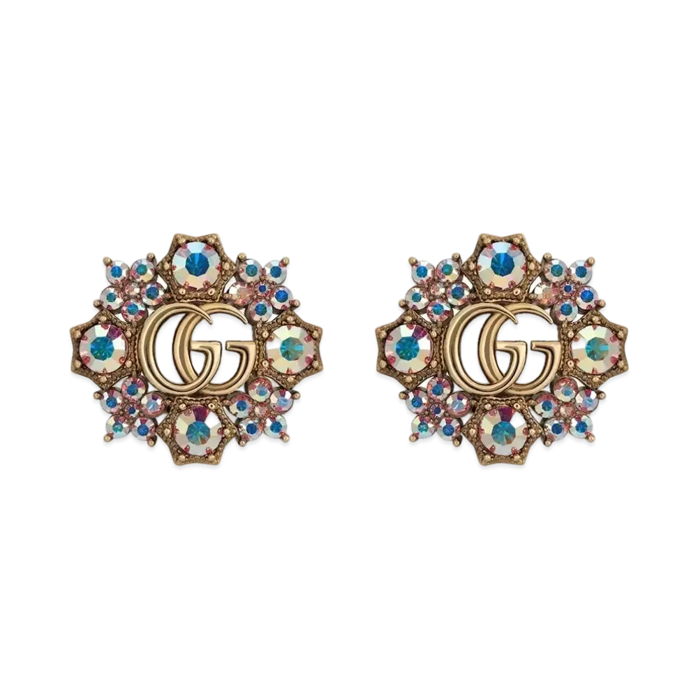 GUCCI Antique Gold Tone Metal Double G Crystal Flower Earrings "Gold"