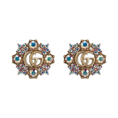GUCCI Antique Gold Tone Metal Double G Crystal Flower Earrings "Gold"