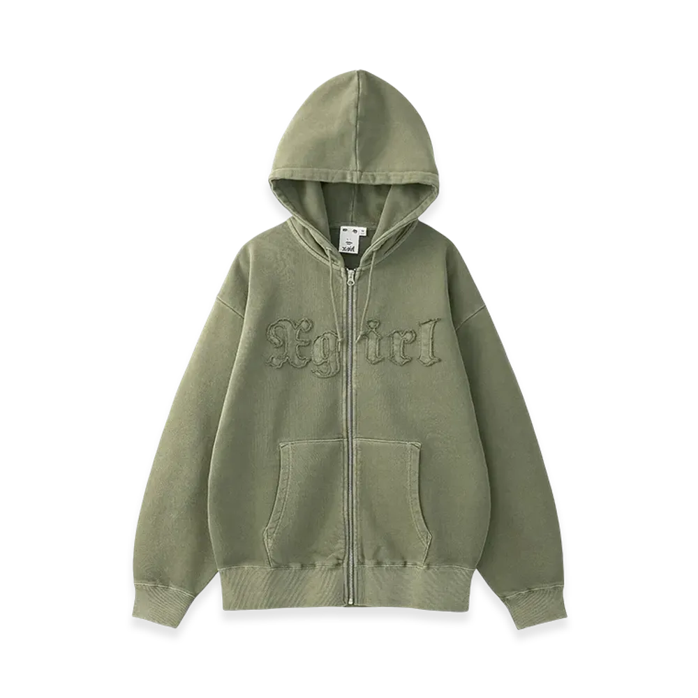 X-Girl Logo Patch Pigment Dyed Zip Up Sweat Hoodie "Olive"