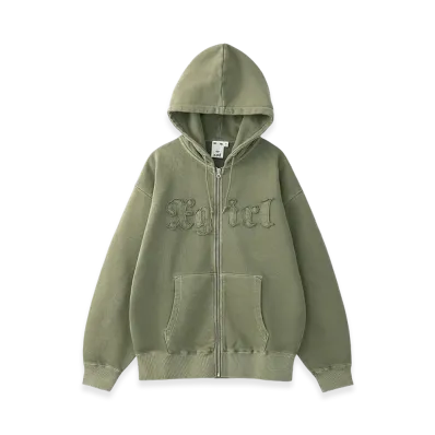 X-Girl Logo Patch Pigment Dyed Zip Up Sweat Hoodie "Olive"