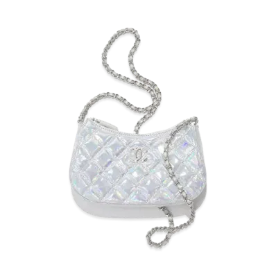 CHANEL Clutch With Chain Iridescent Mirror Goatskin & Silver Tone Metal "Silver"