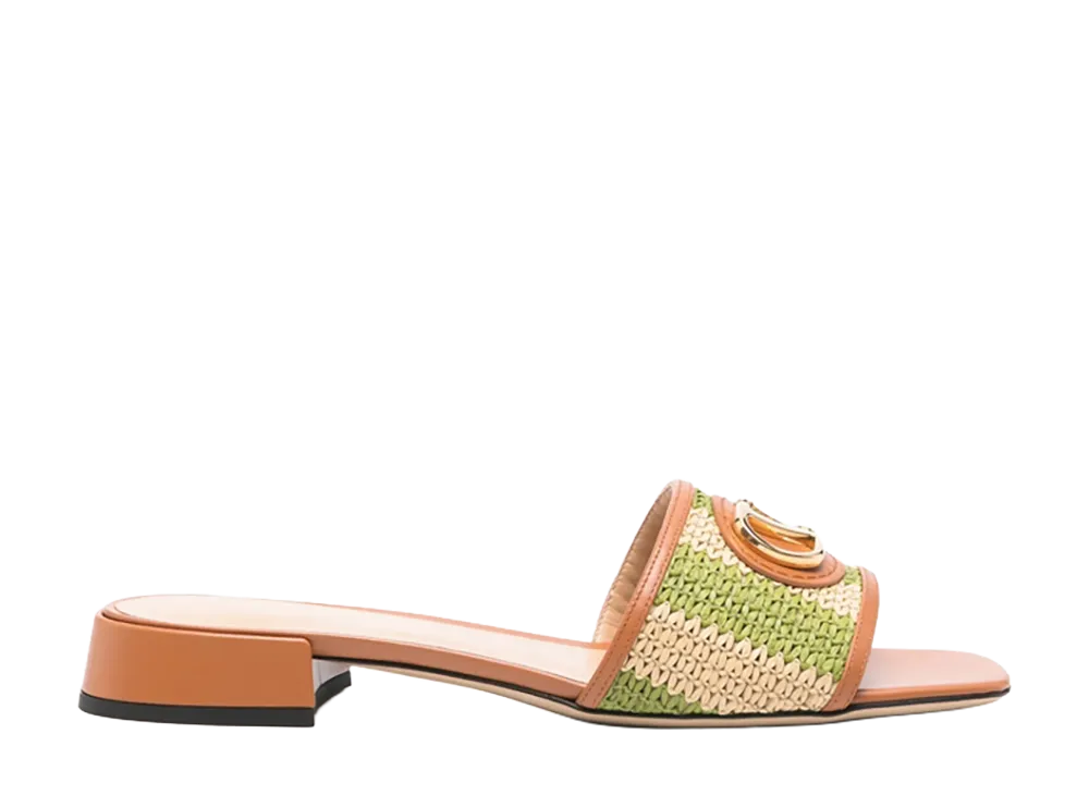 Valentino Garavani Women's Striped Raffia And Leather Slides "Green"