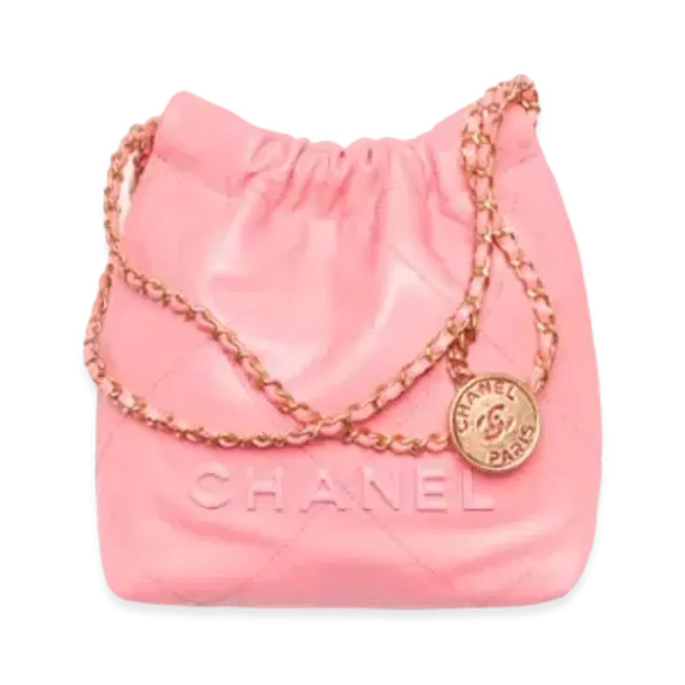 CHANEL 22 Mini Handbag Shiny Grained Calfskin Gold Tone & Lacquered Metal "Coral Pink"