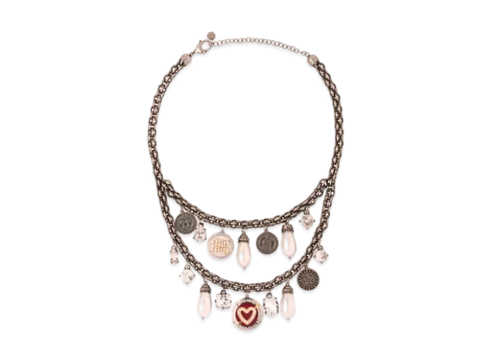 MIU MIU Miu Pave Metal Pendant Necklace "Dark Gray/Dark Red"