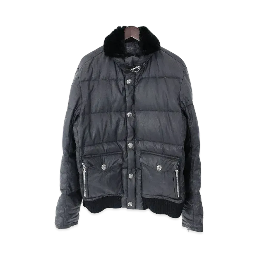 Chrome Hearts Rabbit Fur Cross Button Oil Linen Down Jacket "Black"