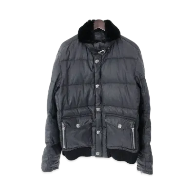 Chrome Hearts Rabbit Fur Cross Button Oil Linen Down Jacket "Black"