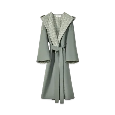 LOEWE Anagram Jacqured Hooded Coat Wool "Khaki Green/Soft White"