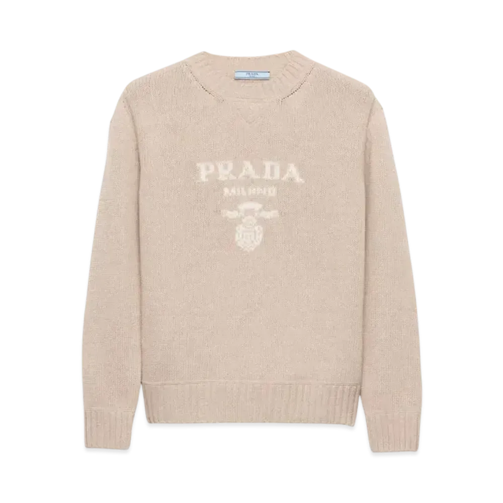 PRADA Women's Cashmere and Wool PRADA Women's Logo Crew-Neck Sweater "Sand Beige"