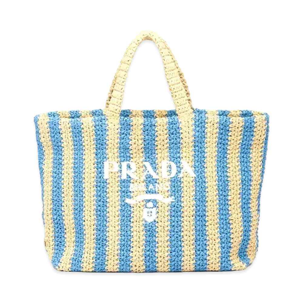 PRADA Large Raffia Tote Bag "Beige/Blue"