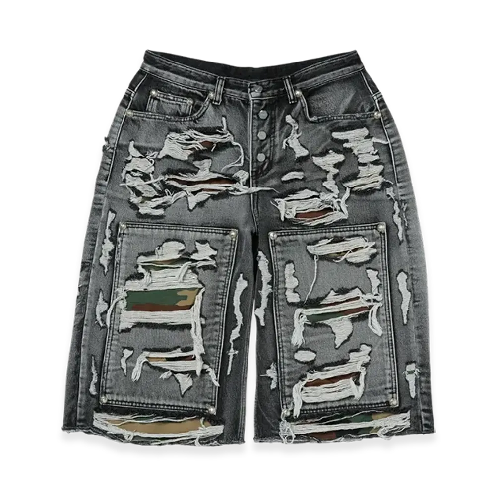 THUG CLUB Hell Camo Denim Shorts "Black"