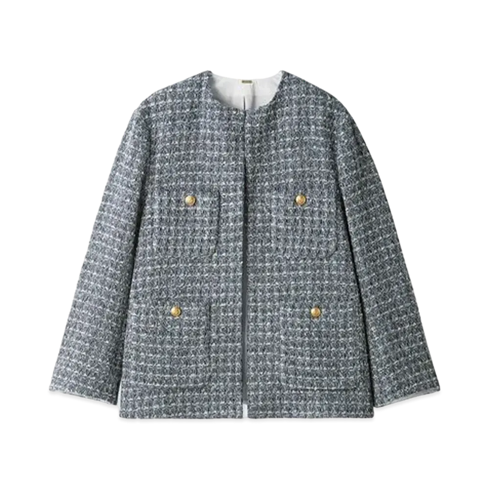 Mila Owen Gold Button Patch Pocket Loose Tweed Jacket "Blue"