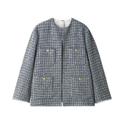 Mila Owen Gold Button Patch Pocket Loose Tweed Jacket "Blue"