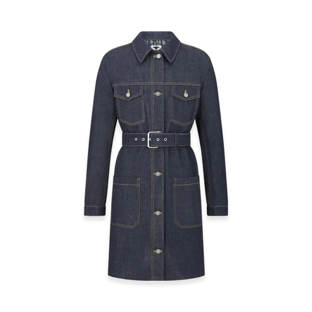 Dior Women's Raw Cotton Denim with Oblique Interior Long Belted Jacket "Blue"