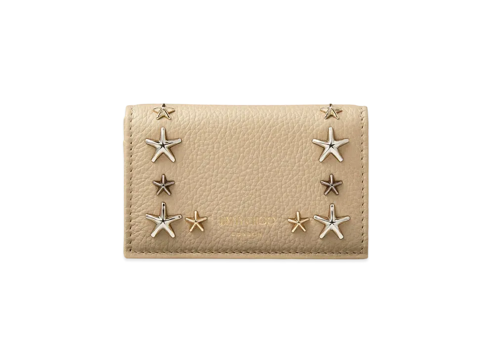 JIMMY CHOO NELLO Soft Grainy Calf Leather Card Case With Star Studs "Barley"