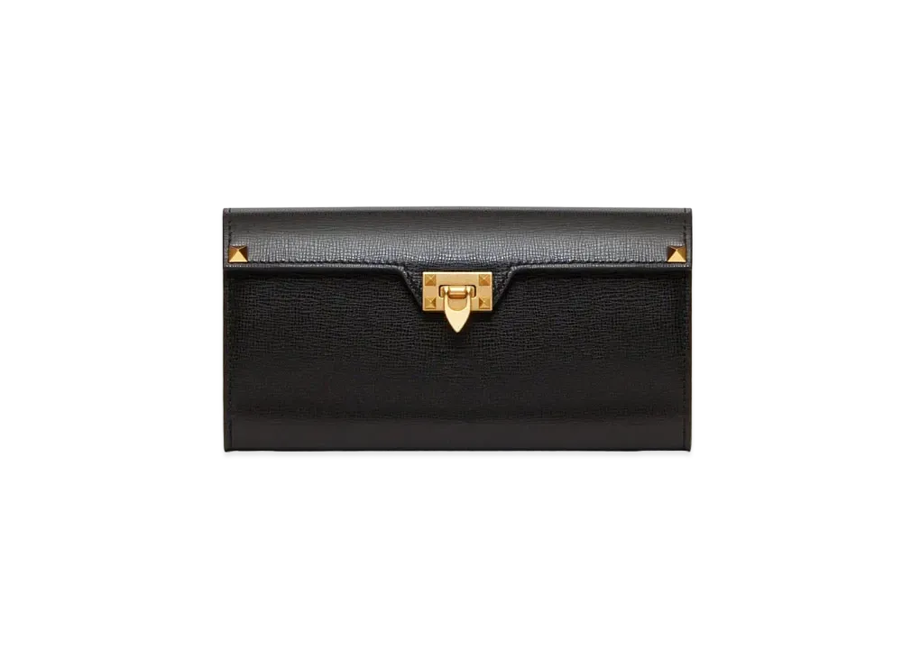 Valentino Rockstud Alcove Wallet In Grainy Calfskin Leather "Black"
