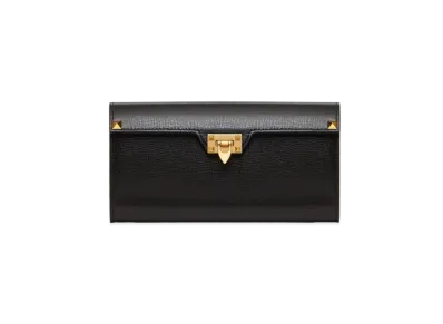 Valentino Rockstud Alcove Wallet In Grainy Calfskin Leather "Black"
