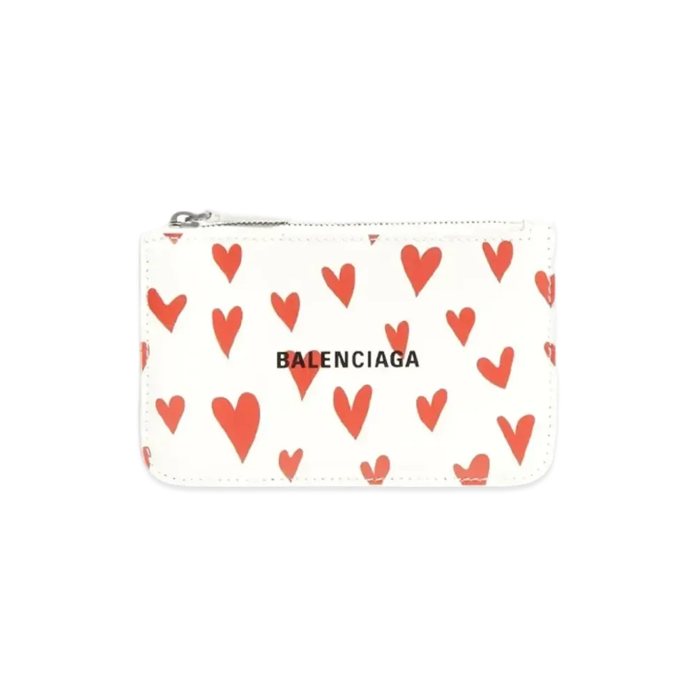 BALENCIAGA Valentine'S Day 22 Cash Large Long Coin & Card Holder Heart Print Shiny Smooth Carefskin "White"