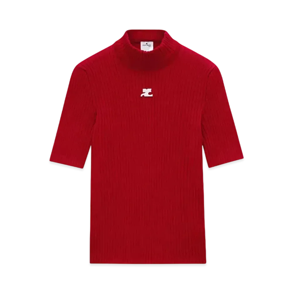 Courreges Reedition Short Sleeves Rib Knit Sweater "Red"