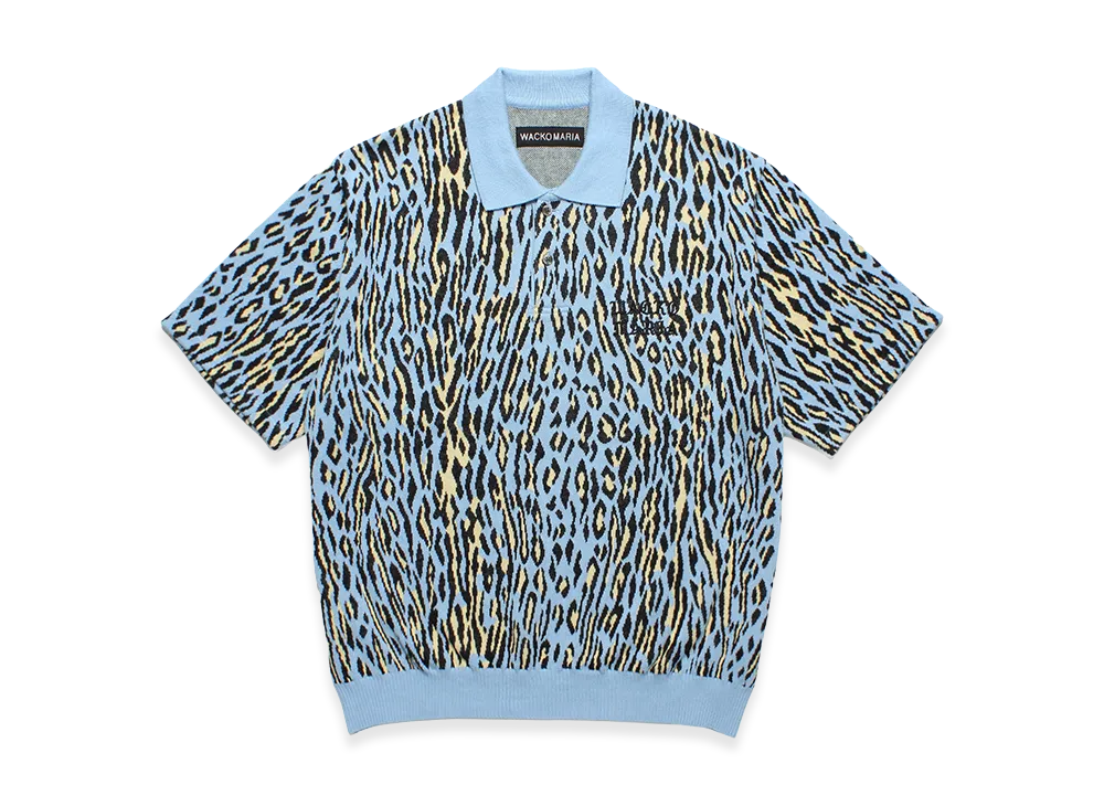 WACKO MARIA Leopard Jacquard Knit Polo Shirt "Light Blue"