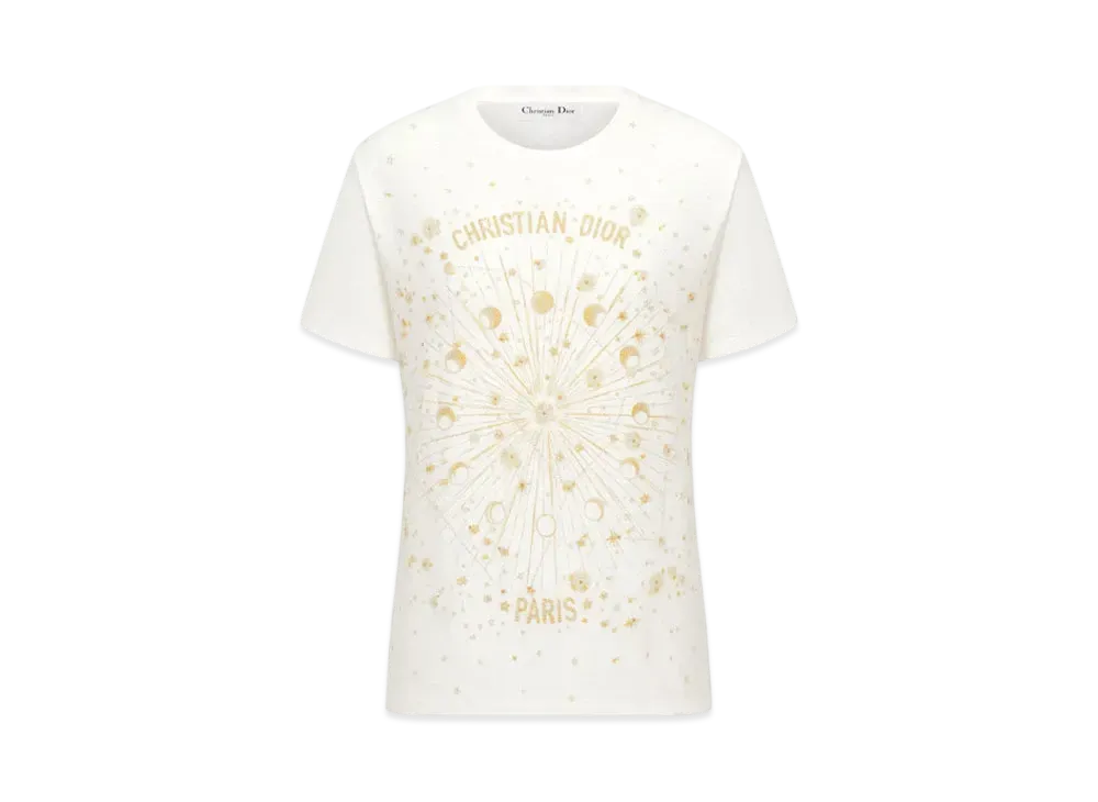 Dior Embroidered T-Shirt Cotton Jersey with Dior Astral Motif "White/Gold"