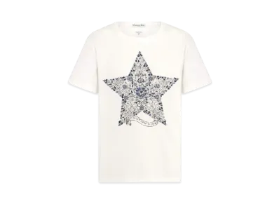 Dior Embroidered T-Shirt Cotton and Linen Jersey with Dior Around the World Motif "White/Black"