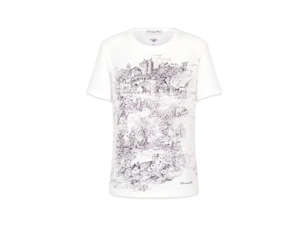 Dior T-Shirt Cotton and Linen Jersey with Toile de Jouy Scotland Motif "White/Black"
