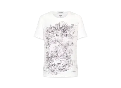 Dior T-Shirt Cotton and Linen Jersey with Toile de Jouy Scotland Motif "White/Black"