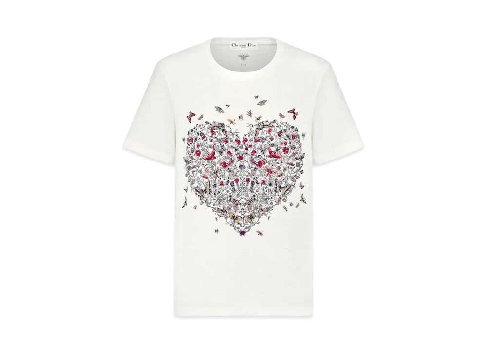Dior Dioramour Embroidered T-Shirt Cotton and Linen Jersey with Coeur des Curiosites Motif "White/Multicolor"