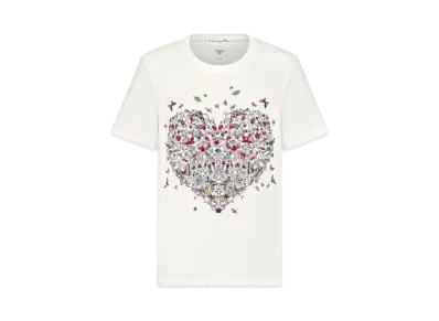 Dior Dioramour Embroidered T-Shirt Cotton and Linen Jersey with Coeur des Curiosites Motif "White/Multicolor"