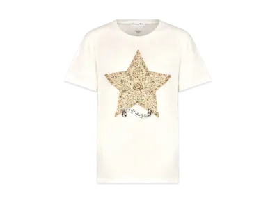 Dior Embroidered T-Shirt Cotton and Linen Jersey with Dior Around the World Motif "White/Gold"