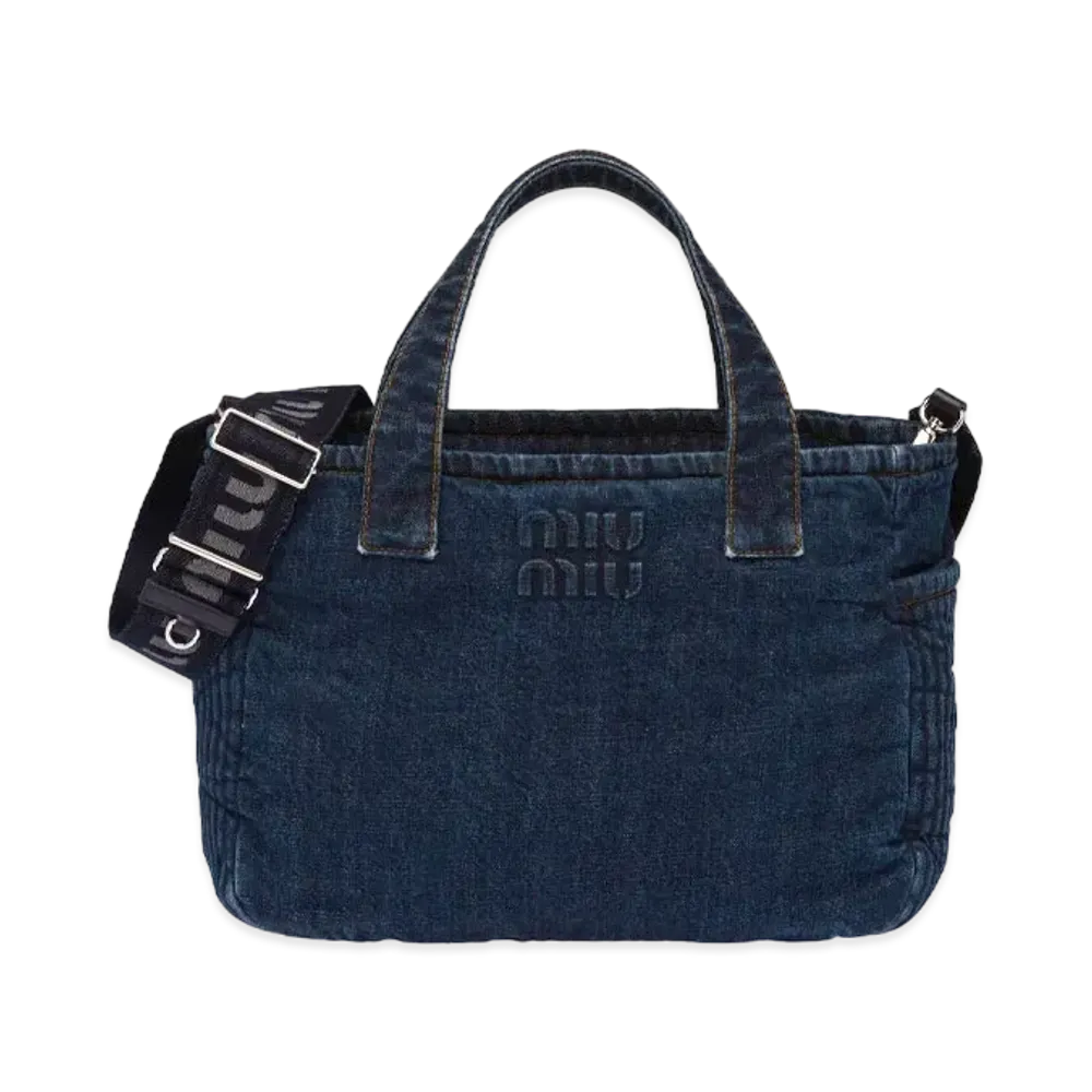 MIU MIU Striped Jacquard Denim Tote Bag "Navy"