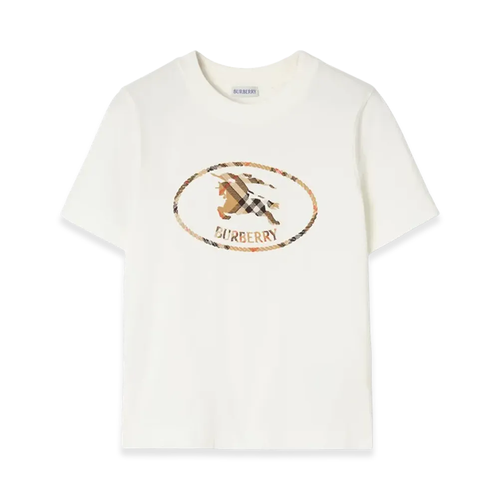Burberry Women's Check Knight Stamp Cotton Tee "Chalk White/Sand Beige"