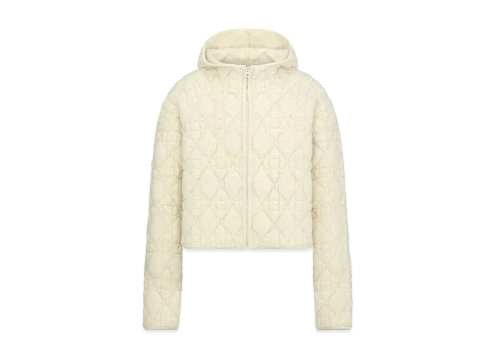 Dior Cannage Zipped Cardigan with Hood Blended Wool and Cashmere Textured Knit "Ecru"
