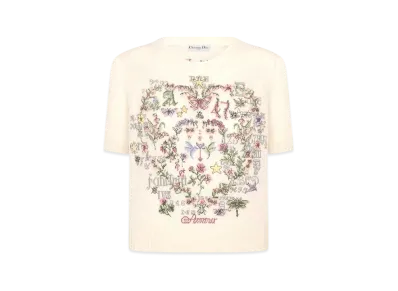Dior Dioramour Short-Sleeved Embroidered Sweater Cashmere Knit with Amour 1947 Motif "Ecru/Multicolor"