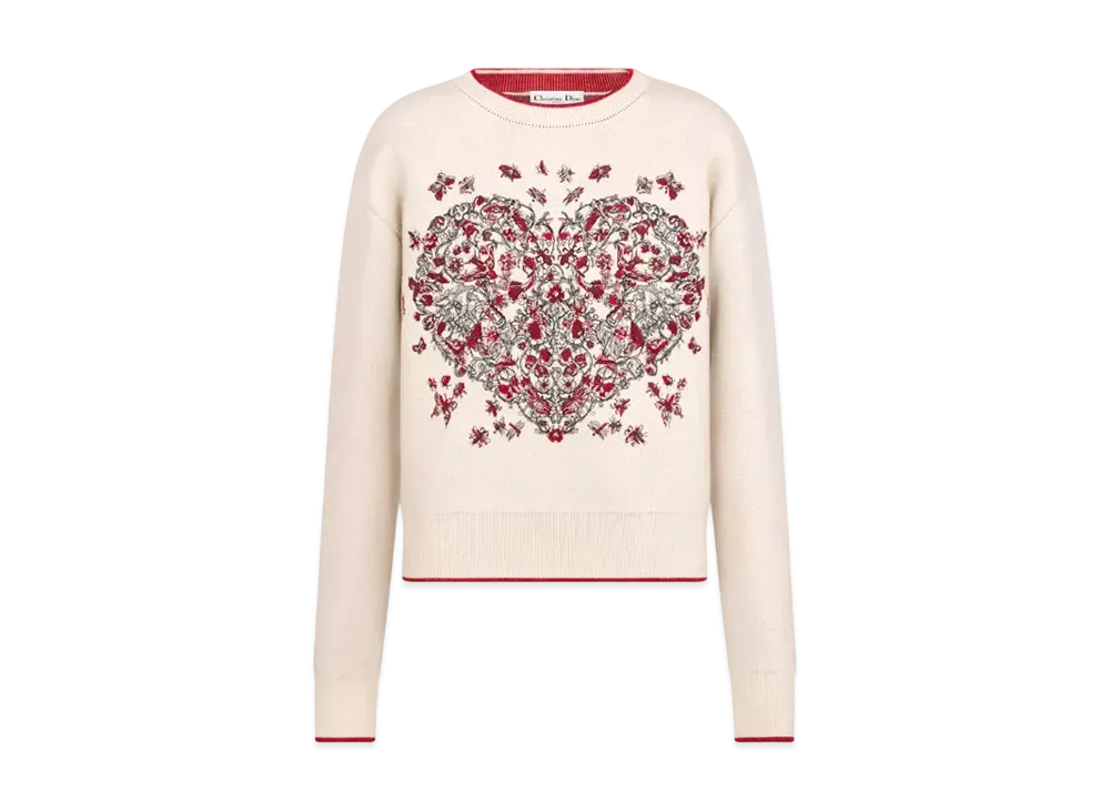 Dior Dioramour Embroidered Sweater Cashmere and Virgin Wool Knit with Coeur des Curiosites Motif "White/Multicolor"
