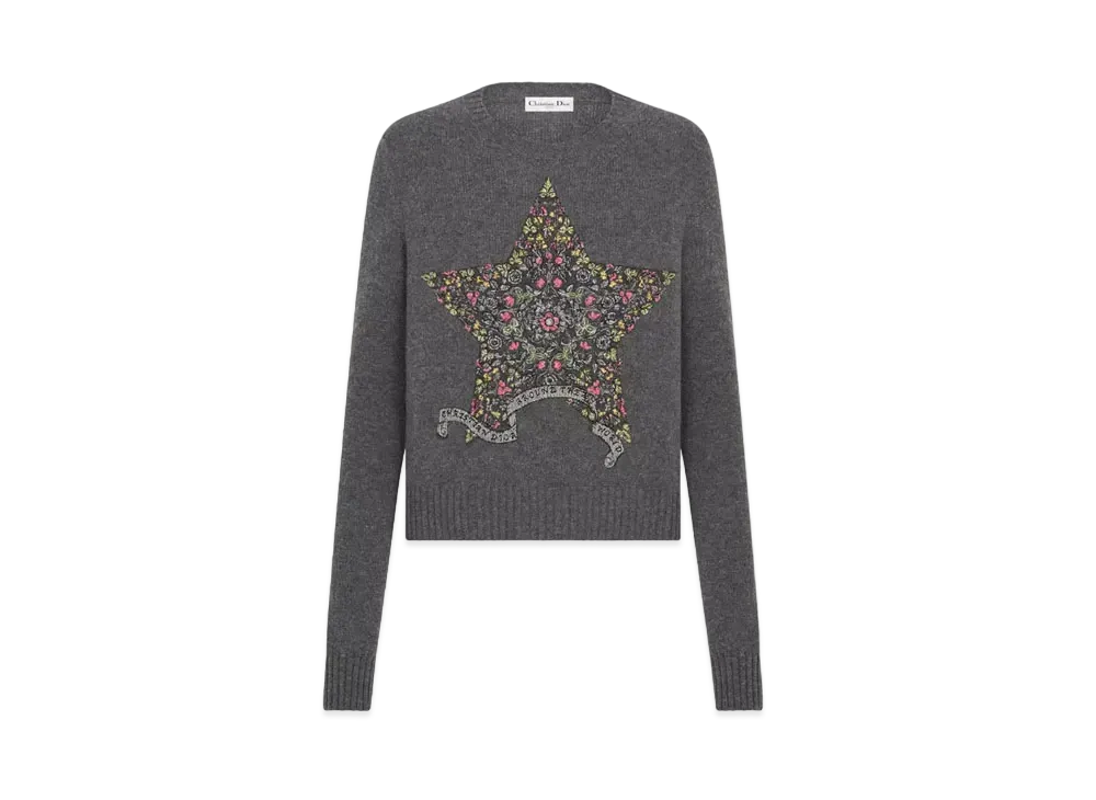 Dior Embroidered Sweater Cashmere Knit with Multicolor Dior Around the World Motif "Gray"