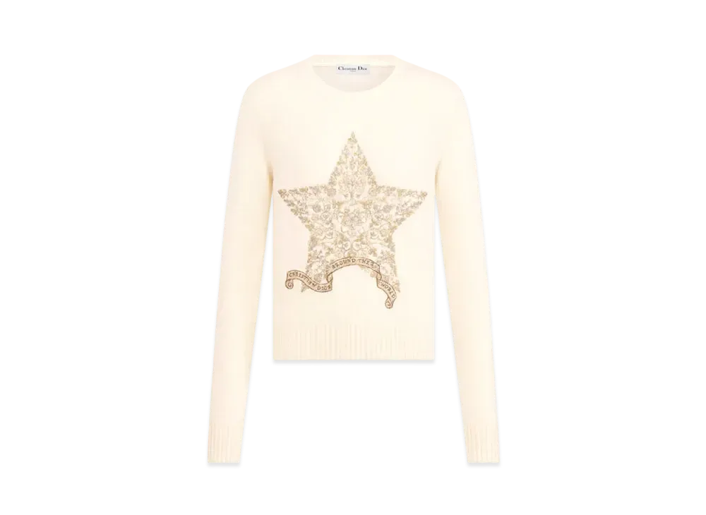 Dior Embroidered Sweater Cashmere Knit with Dior Around the World Motif "Ecru/Gold"