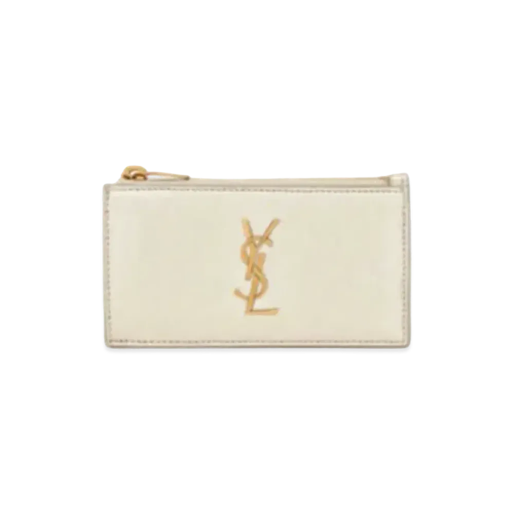 SAINT LAURENT Monogram Fragments Zipped Card Case In Metallized Leather "Pale Gold"