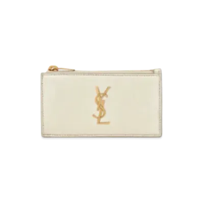 SAINT LAURENT Monogram Fragments Zipped Card Case In Metallized Leather "Pale Gold"