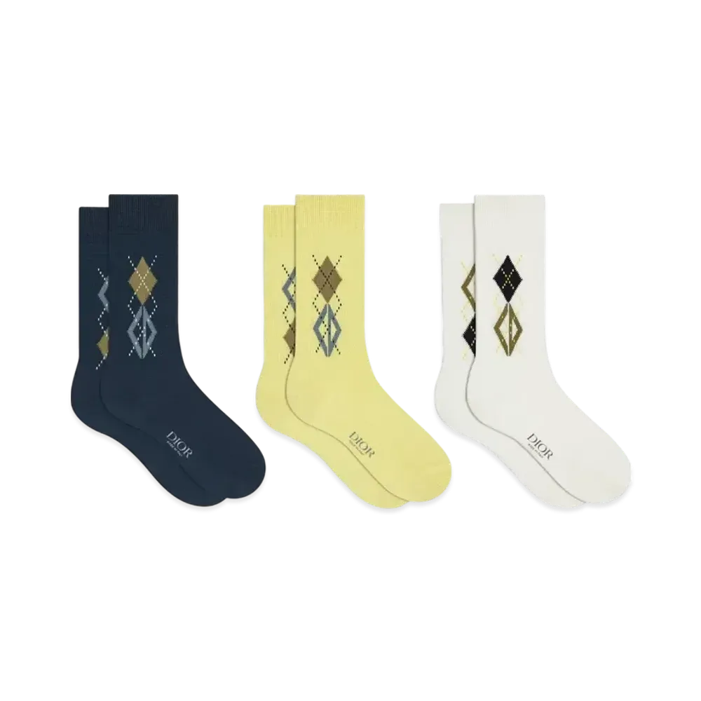 Dior Set of CD Diamond Socks Cotton Blend "Yellow/Navy Blue/White"