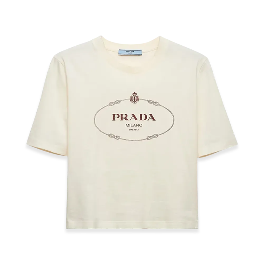 PRADA Women's Printed Jersey T Shirt "Ivory/Garnet"