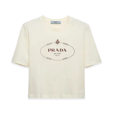 PRADA Women's Printed Jersey T Shirt "Ivory/Garnet"