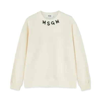 MSGM Cotton Crewneck Sweater Wth MSGM Brushstroke Logo Positioned At The Neck "White"